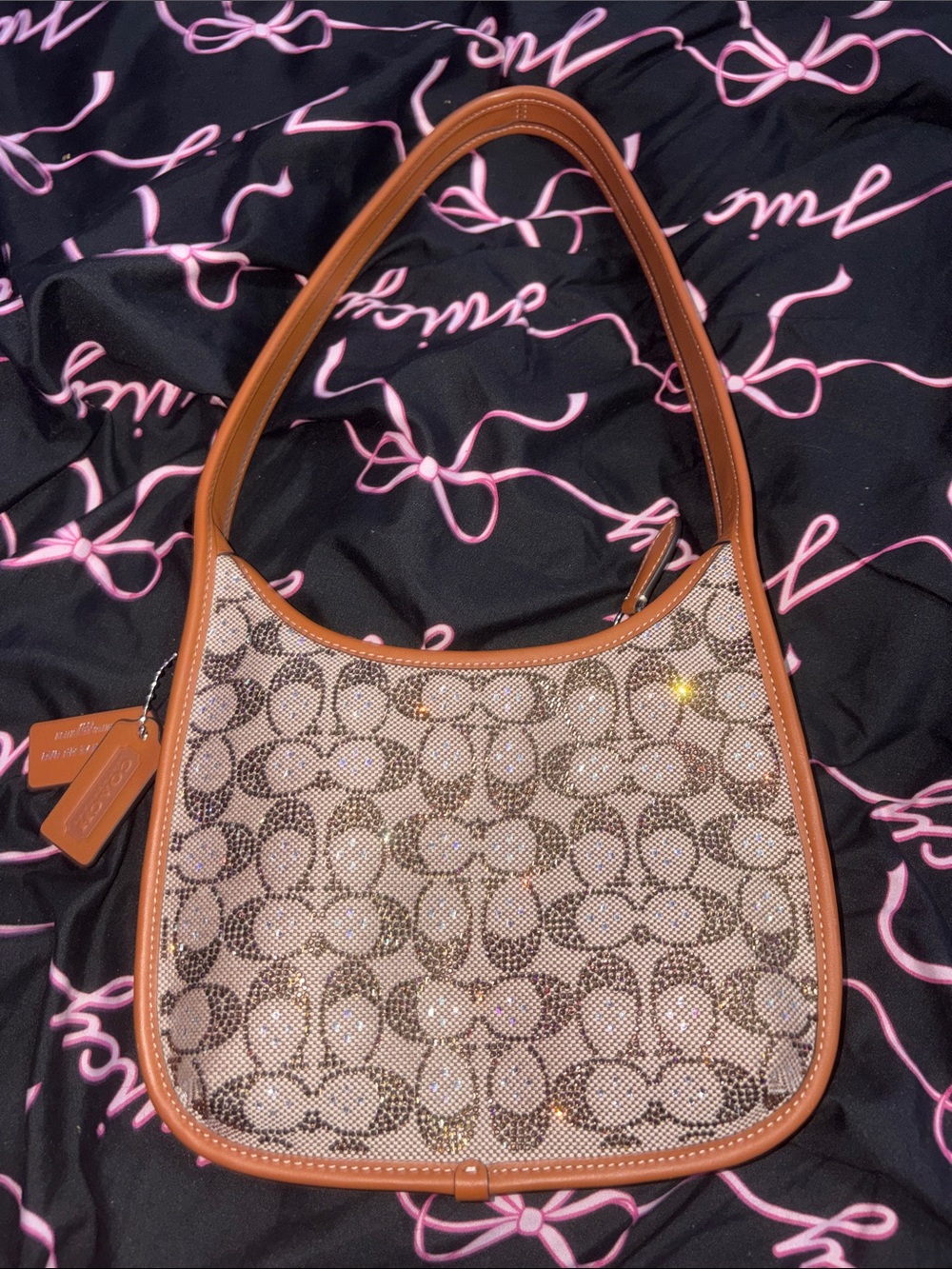 Coach Beige Signature Canvas Shoulder Bag with Tan Trim